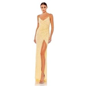 NEW Mac Duggal Beaded sleeveless faux wrap gown in buttercream size 12